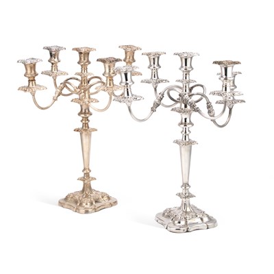 Lot 165 - A LARGE PAIR OF SILVER-PLATE ON COPPER FIVE-LIGHT CANDELABRA