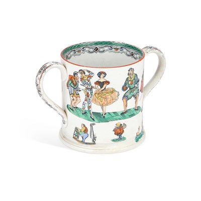 Lot 57 - A LARGE 19TH CENTURY STAFFORDSHIRE POTTERY 'HARLEQUIN' LOVING CUP