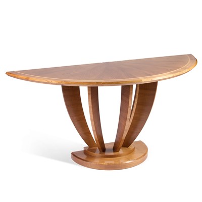 Lot 627 - A CONTEMPORARY WALNUT DEMILUNE CONSOLE TABLE