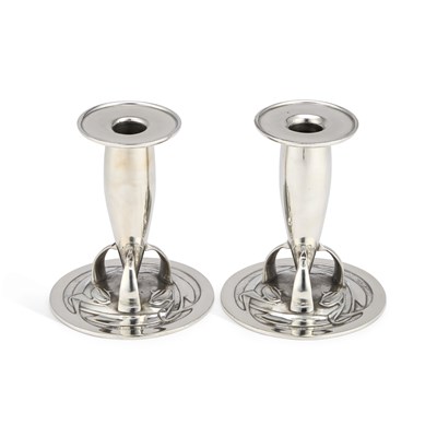 Lot 152 - ARCHIBALD KNOX (1864-1933) FOR LIBERTY & CO, A PAIR OF TUDRIC PEWTER CANDLESTICKS