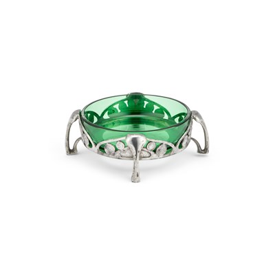 Lot 143 - ARCHIBALD KNOX (1864-1933) FOR LIBERTY & CO, A TUDRIC PEWTER AND GREEN GLASS DISH