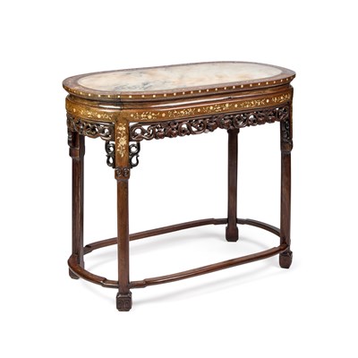Lot 663 - A CHINESE MOTHER-OF-PEARL INLAID AND MARBLE-INSET HARDWOOD TABLE