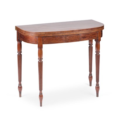 Lot 740 - A REGENCY STRING-INLAID MAHOGANY FOLDOVER DEMILUNE CARD TABLE