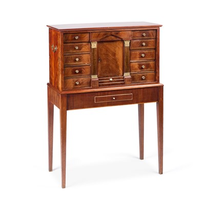 Lot 721 - A LATE 19TH CENTURY CONTINENTAL STRING-INLAID MAHOGANY CABINET ON STAND