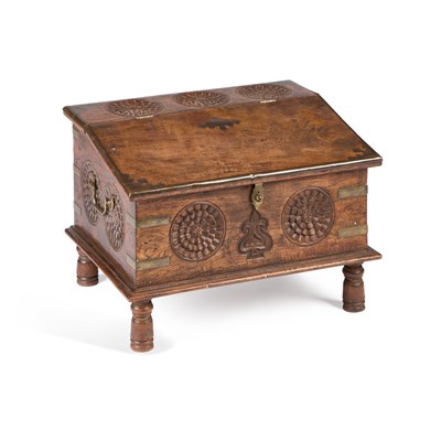 Lot 764 - AN INDIAN BRASS-MOUNTED CARVED HARDWOOD CHEST