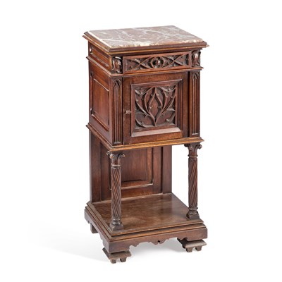 Lot 750 - A GOTHIC REVIVAL MARBLE-TOPPED WALNUT POT CUPBOARD