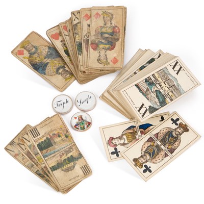 Lot 579 - A GROUP OF 19TH CENTURY PLAYING CARDS AND THREE PORCELAIN WHIST COUNTERS