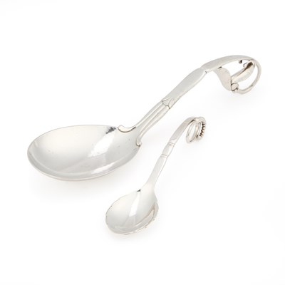 Lot 214 - GEORG JENSEN, TWO DANISH STERLING SILVER SERVING SPOONS