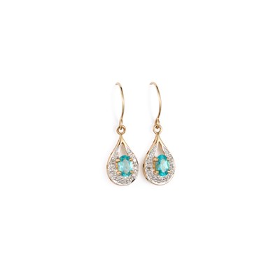 Lot 387 - A PAIR OF 9 CARAT GOLD APATITE AND DIAMOND CLUSTER PENDANT EARRINGS
