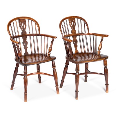 Lot 684 - A PAIR OF 19TH CENTURY YEW WOOD AND ELM WINDSOR CHAIRS