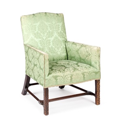 Lot 708 - A GEORGE III CARVED MAHOGANY AND UPHOLSTERED BERGERE