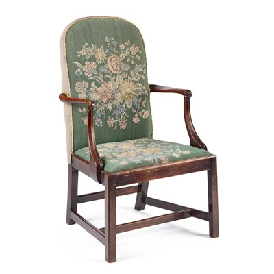 Lot 738 - A GEORGE III MAHOGANY AND NEEDLEWORK UPHOLSTERED OPEN ARMCHAIR