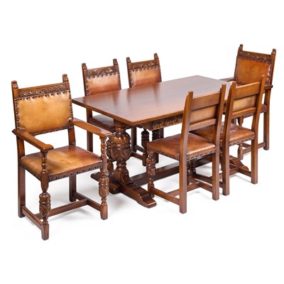 Lot 745 - A PERIOD STYLE OAK REFECTORY DINING TABLE AND SIX CHAIRS
