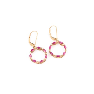 Lot 558 - A PAIR OF 9 CARAT GOLD RUBY AND WHITE SPINEL PENDANT HOOP EARRINGS