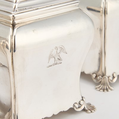 Lot 488 - A SET OF TWO CASED GEORGE III SILVER TEA CADDIES AND A SUGAR BOX