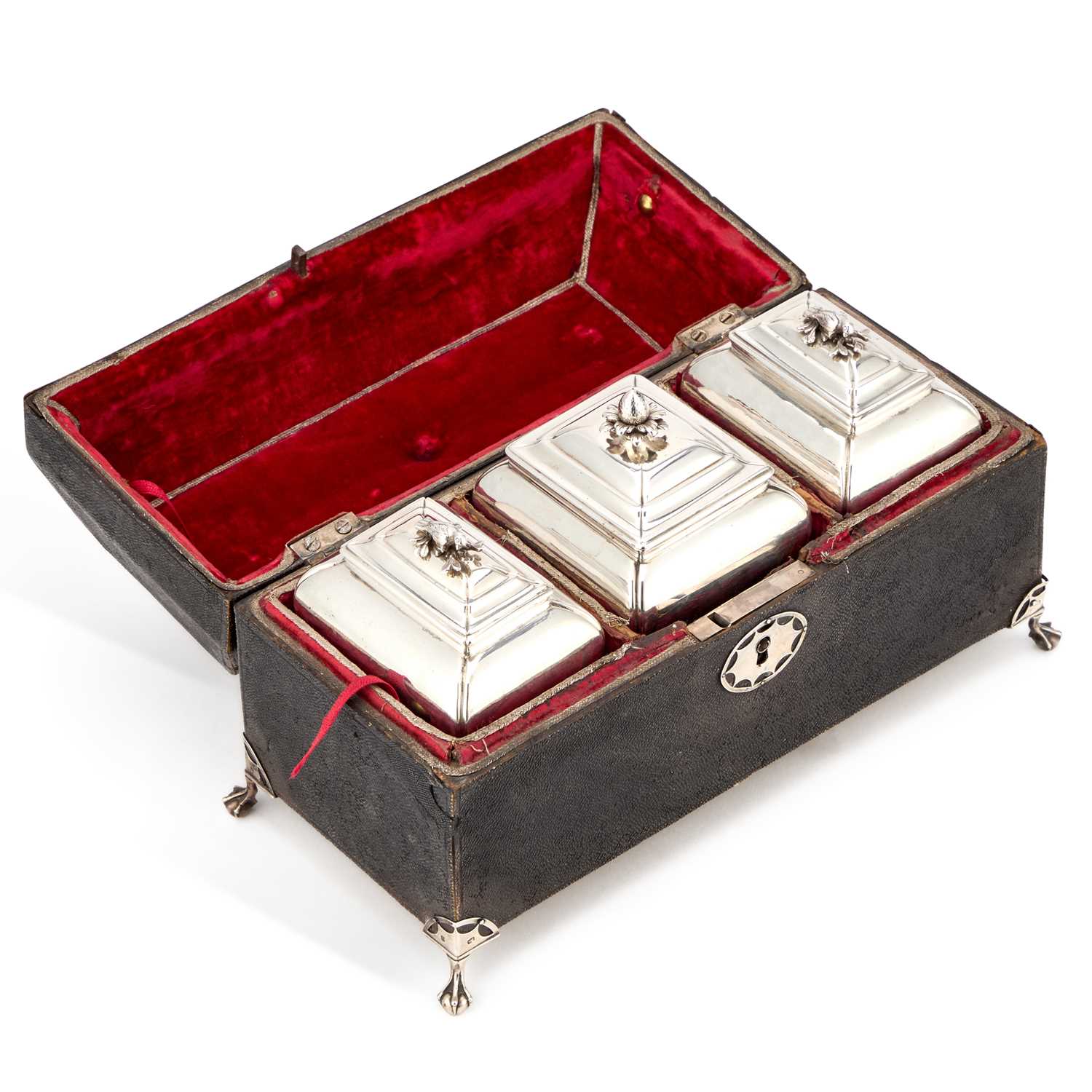 Lot 488 - A SET OF TWO CASED GEORGE III SILVER TEA CADDIES AND A SUGAR BOX