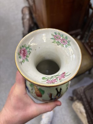 Lot 75 - A NEAR PAIR OF 19TH CENTURY CHINESE FAMILLE ROSE CELADON-GROUND PORCELAIN VASES