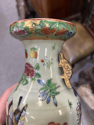 Lot 75 - A NEAR PAIR OF 19TH CENTURY CHINESE FAMILLE ROSE CELADON-GROUND PORCELAIN VASES