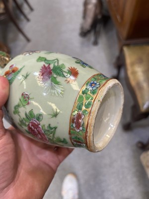 Lot 75 - A NEAR PAIR OF 19TH CENTURY CHINESE FAMILLE ROSE CELADON-GROUND PORCELAIN VASES