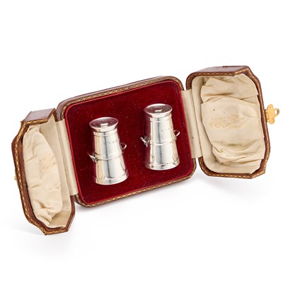 Lot 349 - A PAIR OF EDWARDIAN SILVER NOVELTY PEPPER POTS