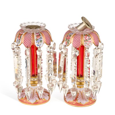 Lot 17 - A PAIR OF 19TH CENTURY BOHEMIAN RUBY AND OPAQUE GLASS TABLE LUSTRES