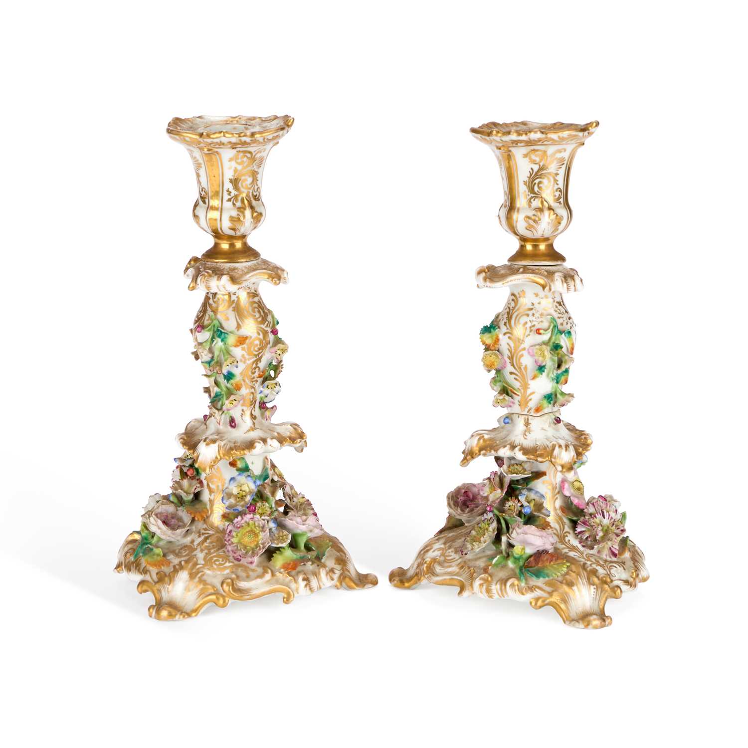 Lot 64 - A PAIR OF JACOB PETIT FLORAL-ENCRUSTED PORCELAIN CANDLESTICKS