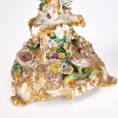 Lot 64 - A PAIR OF JACOB PETIT FLORAL-ENCRUSTED PORCELAIN CANDLESTICKS