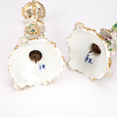 Lot 64 - A PAIR OF JACOB PETIT FLORAL-ENCRUSTED PORCELAIN CANDLESTICKS