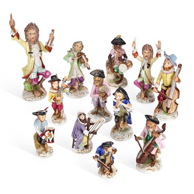 Lot 68 - A COLLECTION OF TWELVE GERMAN PORCELAIN MONKEY BAND FIGURES