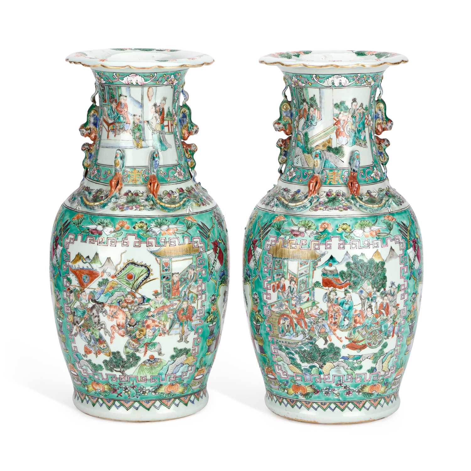 Lot 134 - A LARGE PAIR OF CHINESE TURQUOISE-GROUND FAMILLE ROSE ENAMELLED VASES