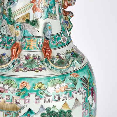 Lot 134 - A LARGE PAIR OF CHINESE TURQUOISE-GROUND FAMILLE ROSE ENAMELLED VASES