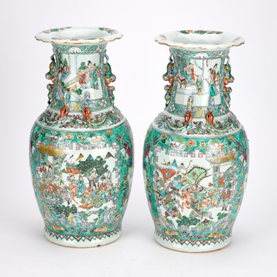 Lot 134 - A LARGE PAIR OF CHINESE TURQUOISE-GROUND FAMILLE ROSE ENAMELLED VASES