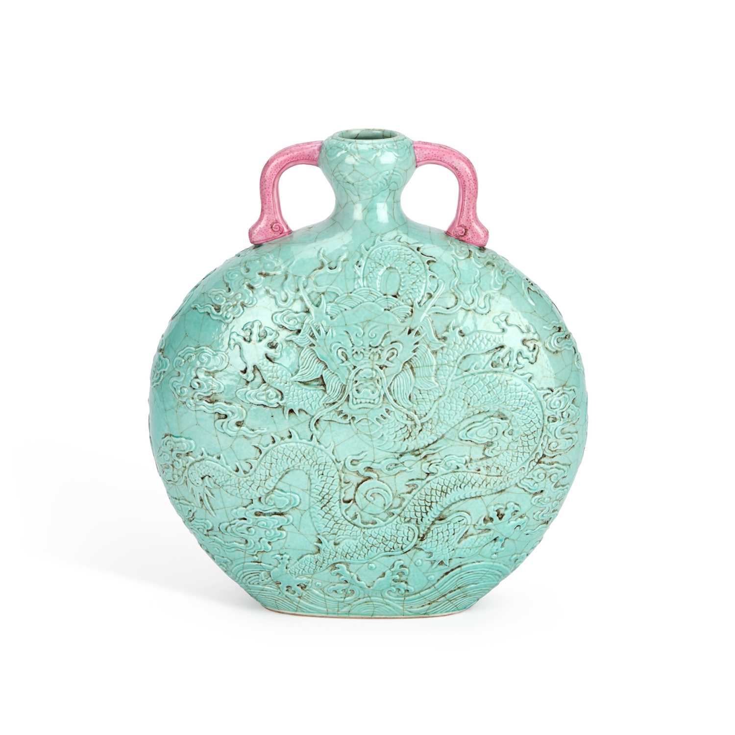 Lot 260 - A CHINESE TURQUOISE-GLAZED PORCELAIN 'DRAGON' MOONFLASK