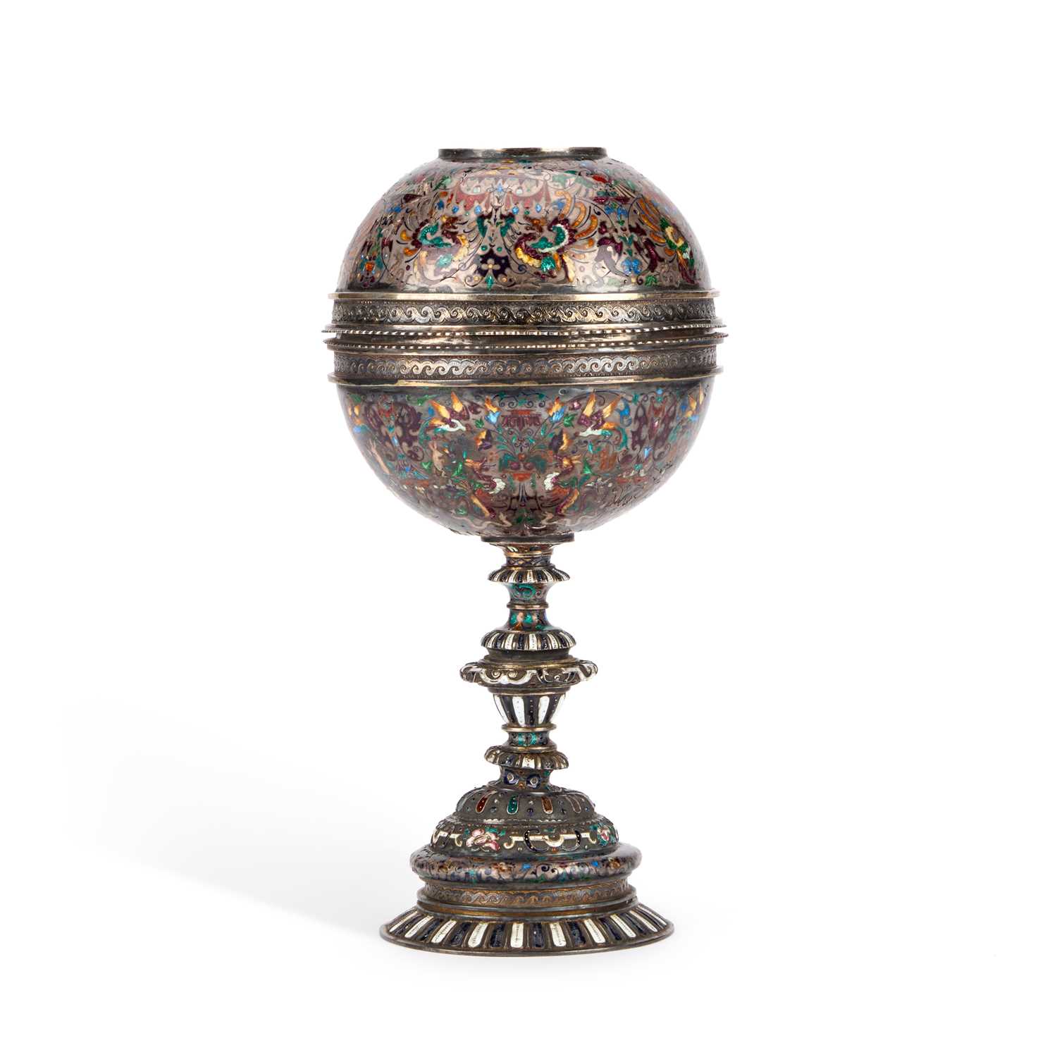 Lot 270 - A 19TH CENTURY VIENNESE SILVER AND CHAMPLEVE ENAMEL CUP AND COVER