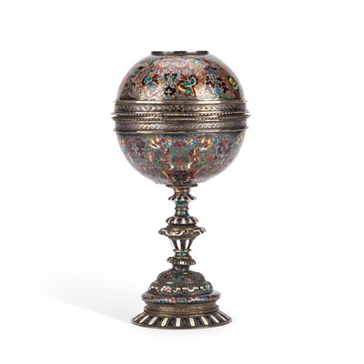 Lot 270 - A 19TH CENTURY VIENNESE SILVER AND CHAMPLEVE ENAMEL CUP AND COVER
