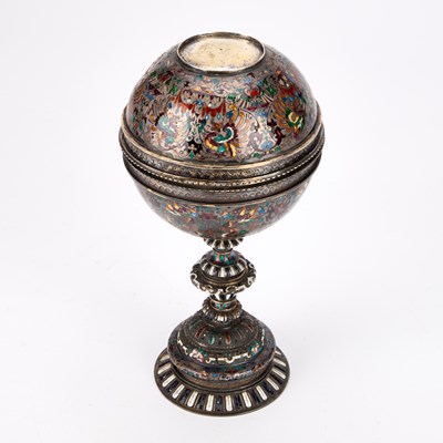 Lot 270 - A 19TH CENTURY VIENNESE SILVER AND CHAMPLEVE ENAMEL CUP AND COVER