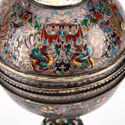 Lot 270 - A 19TH CENTURY VIENNESE SILVER AND CHAMPLEVE ENAMEL CUP AND COVER