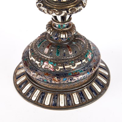 Lot 270 - A 19TH CENTURY VIENNESE SILVER AND CHAMPLEVE ENAMEL CUP AND COVER