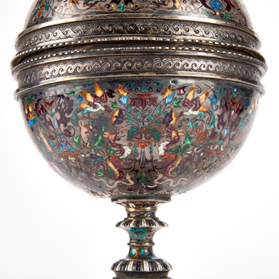 Lot 270 - A 19TH CENTURY VIENNESE SILVER AND CHAMPLEVE ENAMEL CUP AND COVER