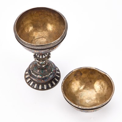 Lot 270 - A 19TH CENTURY VIENNESE SILVER AND CHAMPLEVE ENAMEL CUP AND COVER