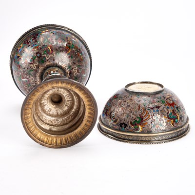 Lot 270 - A 19TH CENTURY VIENNESE SILVER AND CHAMPLEVE ENAMEL CUP AND COVER