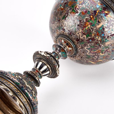Lot 270 - A 19TH CENTURY VIENNESE SILVER AND CHAMPLEVE ENAMEL CUP AND COVER