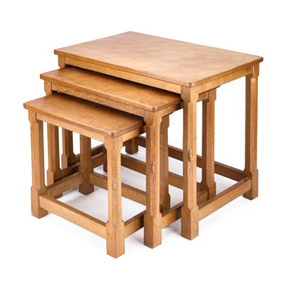 Lot 1134 - ROBERT THOMPSON OF KILBURN, A NEST OF THREE MOUSEMAN OAK TABLES