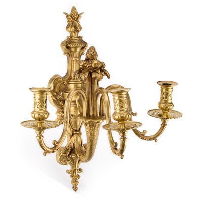 Lot 990 - A GOOD SET OF FOUR GILT-BRONZE THREE-LIGHT WALL SCONCES