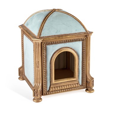 Lot 1071 - A PLUSH TURQUOISE VELVET AND GILTWOOD DOG KENNEL