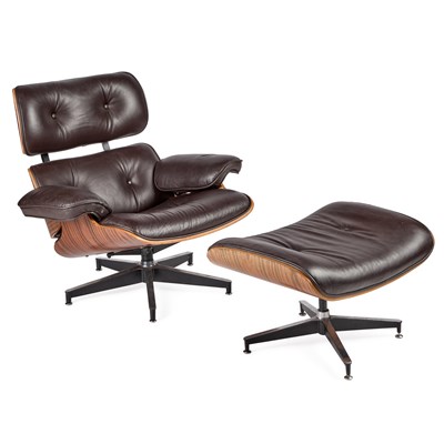 Lot 1056 - AN EAMES STYLE LOUNGE CHAIR AND OTTOMAN