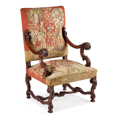 Lot 1058 - A 19TH CENTURY WALNUT AND UPHOLSTERED ARMCHAIR
