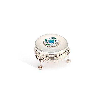 Lot 415 - AN ARTS AND CRAFTS SILVER AND ENAMEL DRESSING TABLE BOX