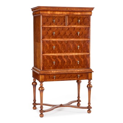 Lot 975 - A WILLIAM AND MARY STYLE OYSTER-VENEERED WALNUT CHEST ON STAND