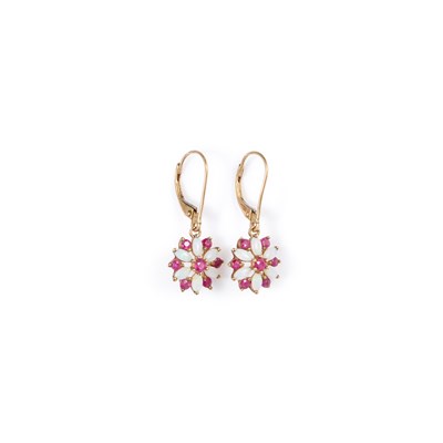 Lot 731 - A PAIR OF OPAL AND RUBY CLUSTER DROP EARRINGS